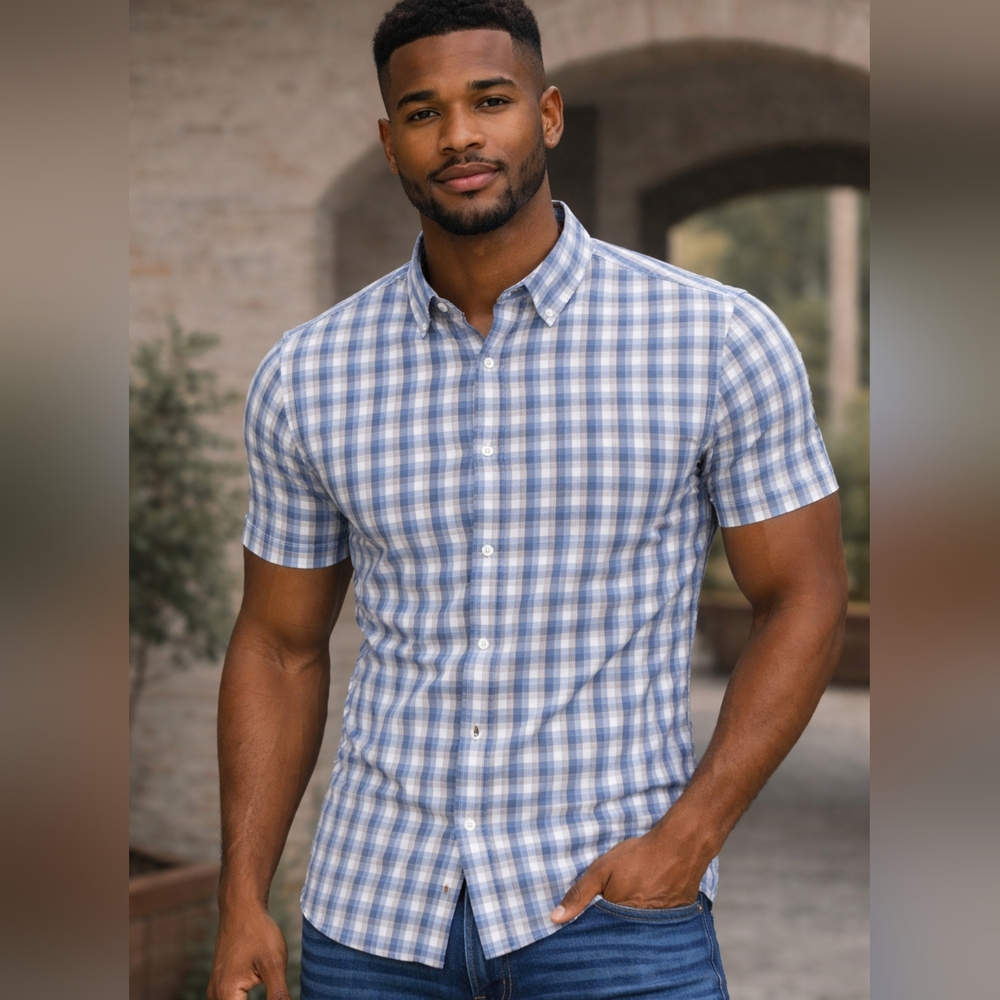 Kennth Cole Blue Grey and White Men's Short Sleeve Shirt XL